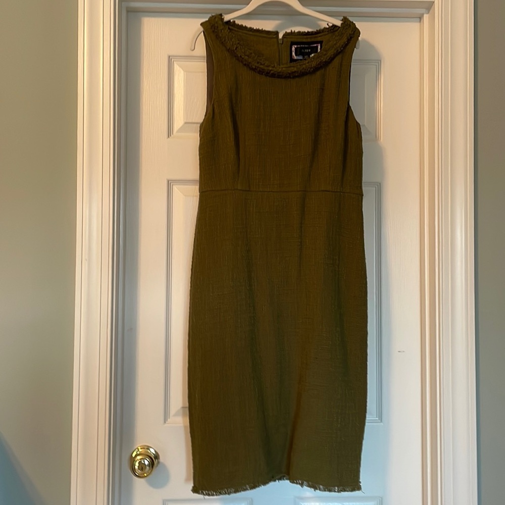 J.Crew Sheath Dress in Textured Fringe Tweed (Olive Green) (T12) (NWT)